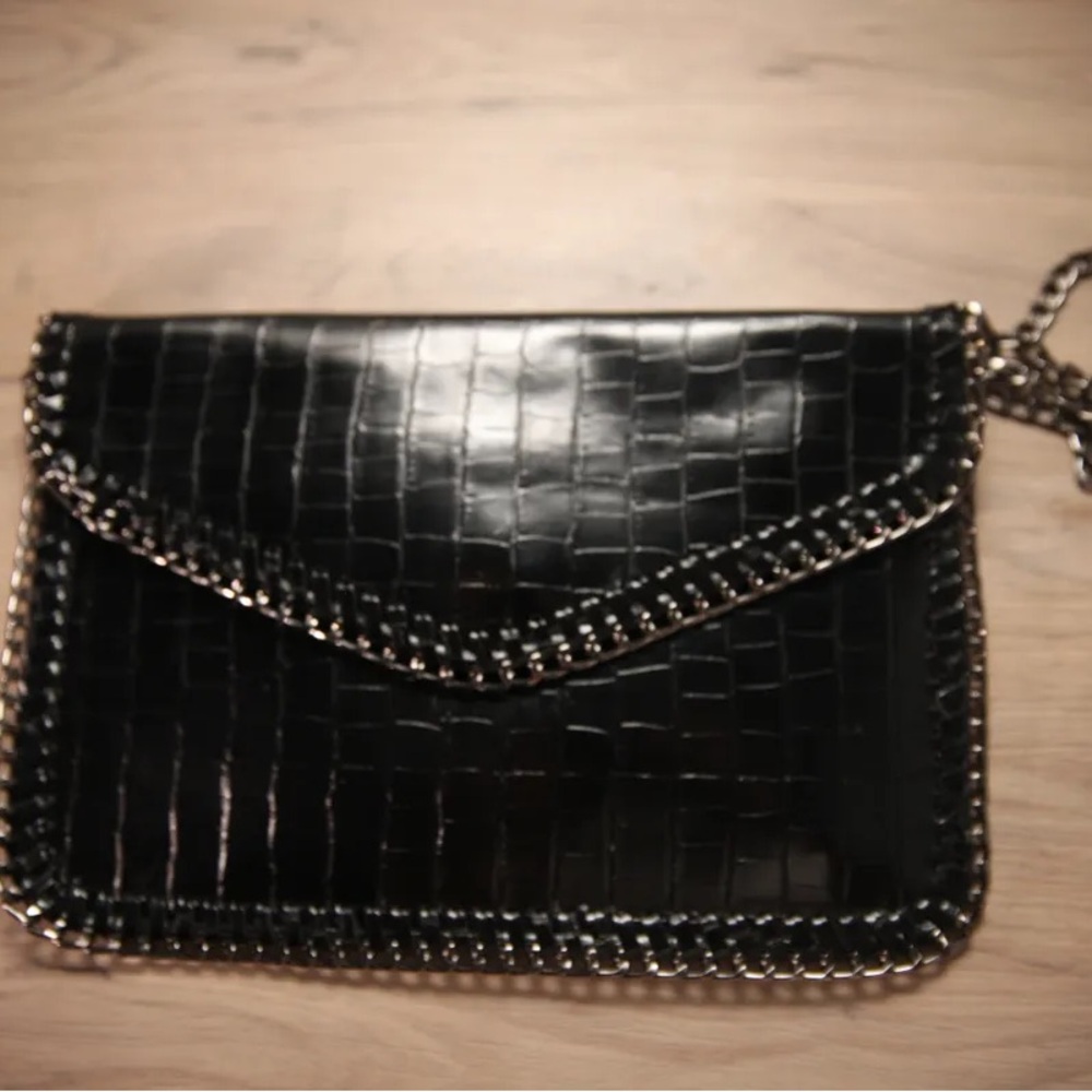 Black envelope clutch with two attachable chains